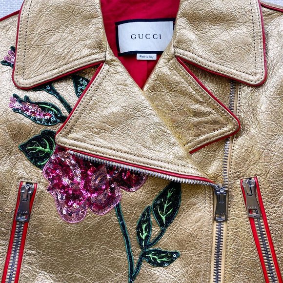 $7990 New Gucci Leather and Sequin Belt Runway Moto “LOVED” Jacket. - Picture 12 of 14